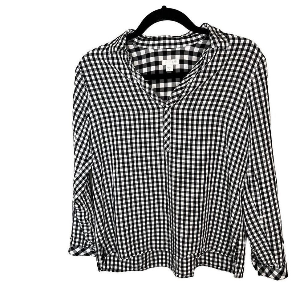 J. Jill Buffalo Plaid Black White Blouse Small